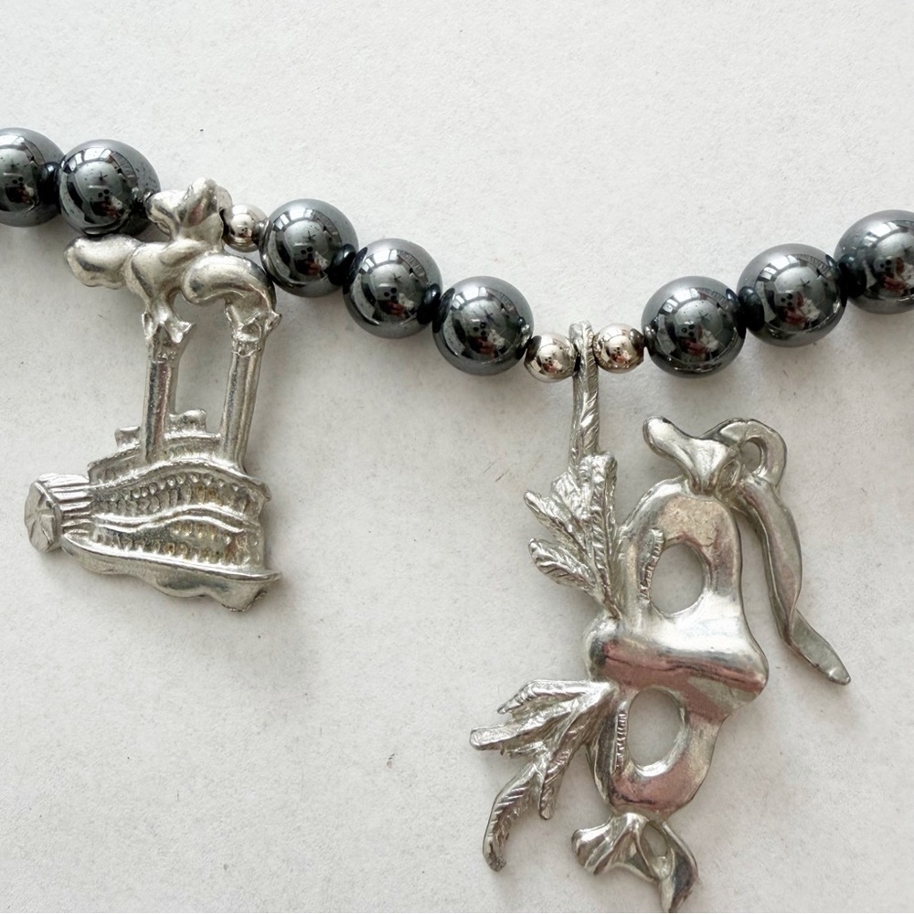 Maurice Milleur Charm Necklace Gumbo Necklace Hematite Pewter Beads Silver LSU - Picture 4 of 11